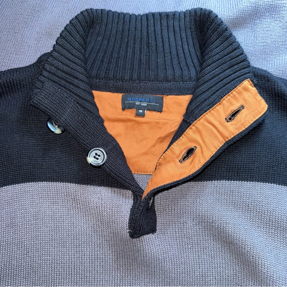 Gioberti Sweater Sz 18 Pullover Mock Neck Quarter Button Gray Black Elbow Patch‎